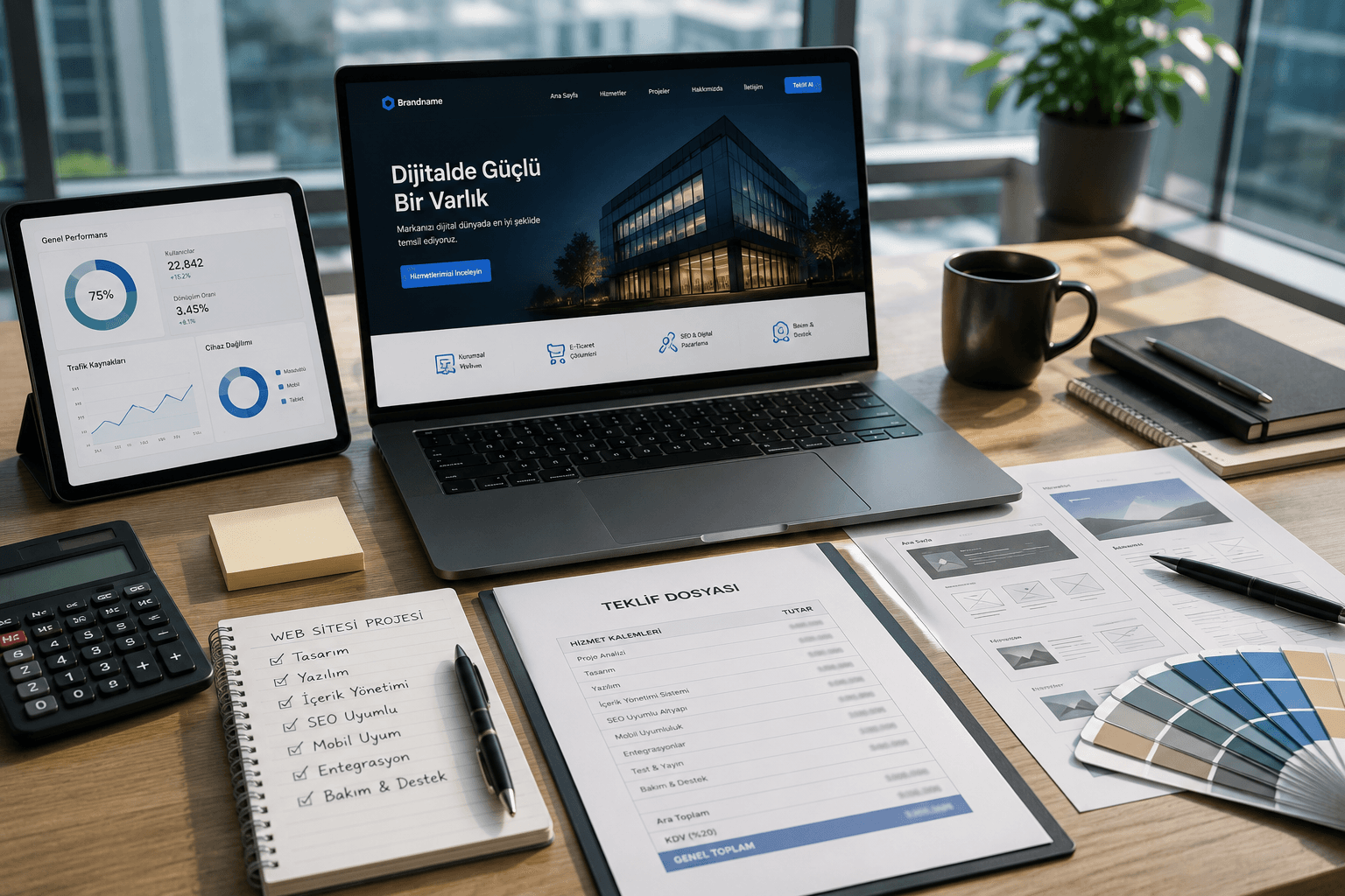 Web sitesi fiyatlandırma ve proje kapsamı planlama masası